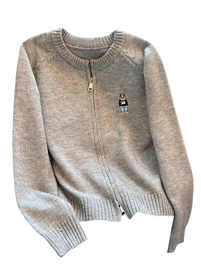 自留款推荐~慵懒风小熊刺绣针织开衫女新款双拉链软糯毛衣外套潮