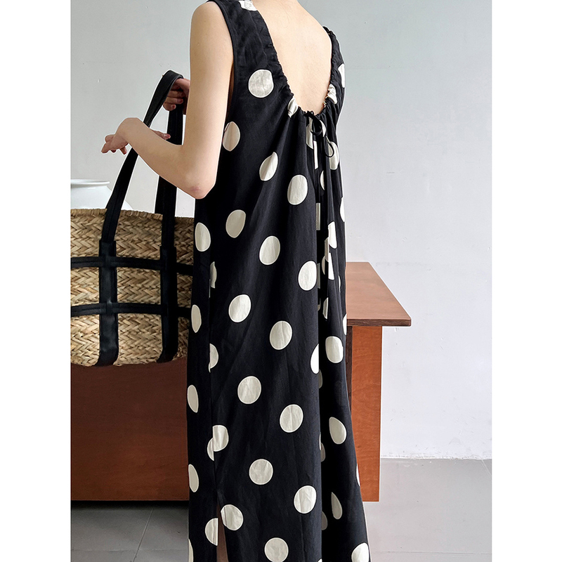 Apricot Polka Dot Sleeveless Vest Dress for Women, Summer 2026 New French Round Neck Slimming Design Long Dress