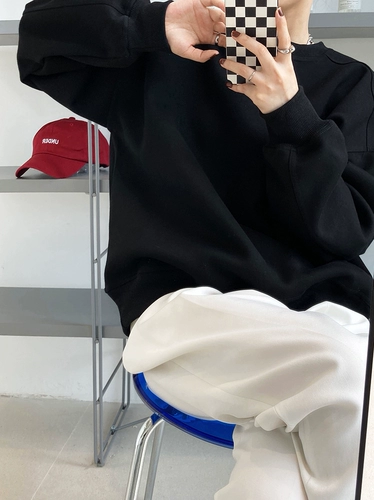 Бордовый спортивный осенний корейский брендовый лонгслив, свободный крой, с рукавом, круглый воротник