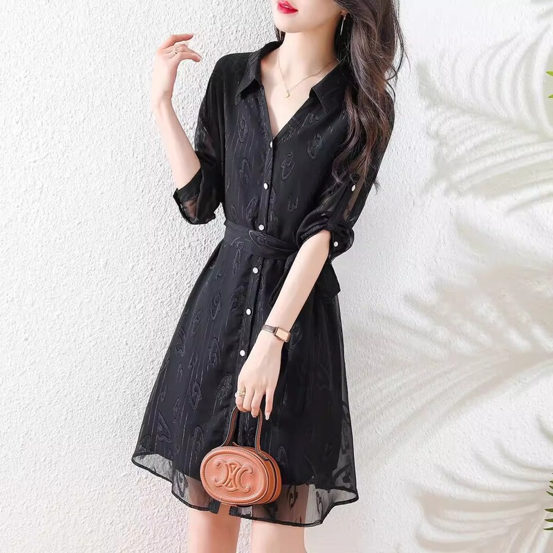 Authentic Clearance Sale, Foreign Trade French-Style Lace-Up Waist-Cinching Shirt Dress, Fashionable V-Neck Slimming Commuter Shirt Dress