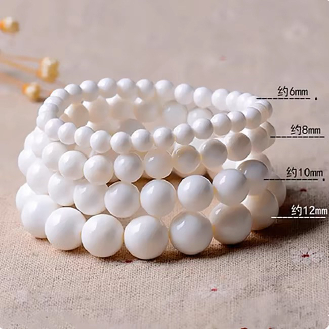 Authentic Natural Deep-Sea Shell Single-Circle Plain Bead Bracelet, Pure Couple Style Pure White Jade Buddha Bead Bracelet