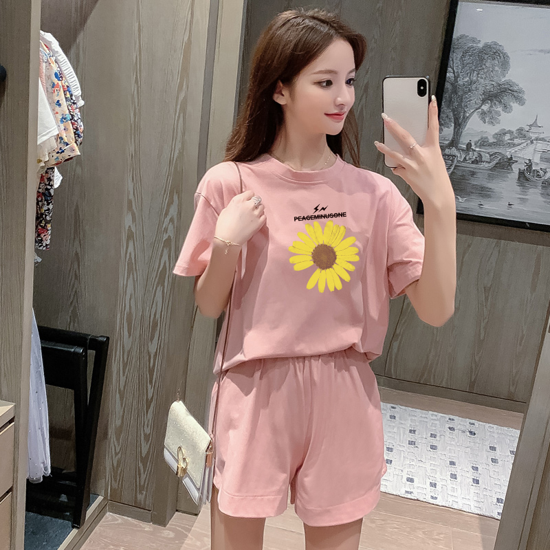 Red Harbour Summer Net Gió Ins Tide ngắn tay áo Quần soóc Sinh viên ít Daisy Sports Set nữ Slack Casual hai mảnh Set