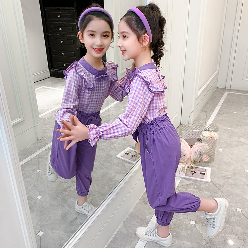 Girls spring and autumn net red cotton suit 2022 new middle and big children loose casual shirt trousers two-piece tide
