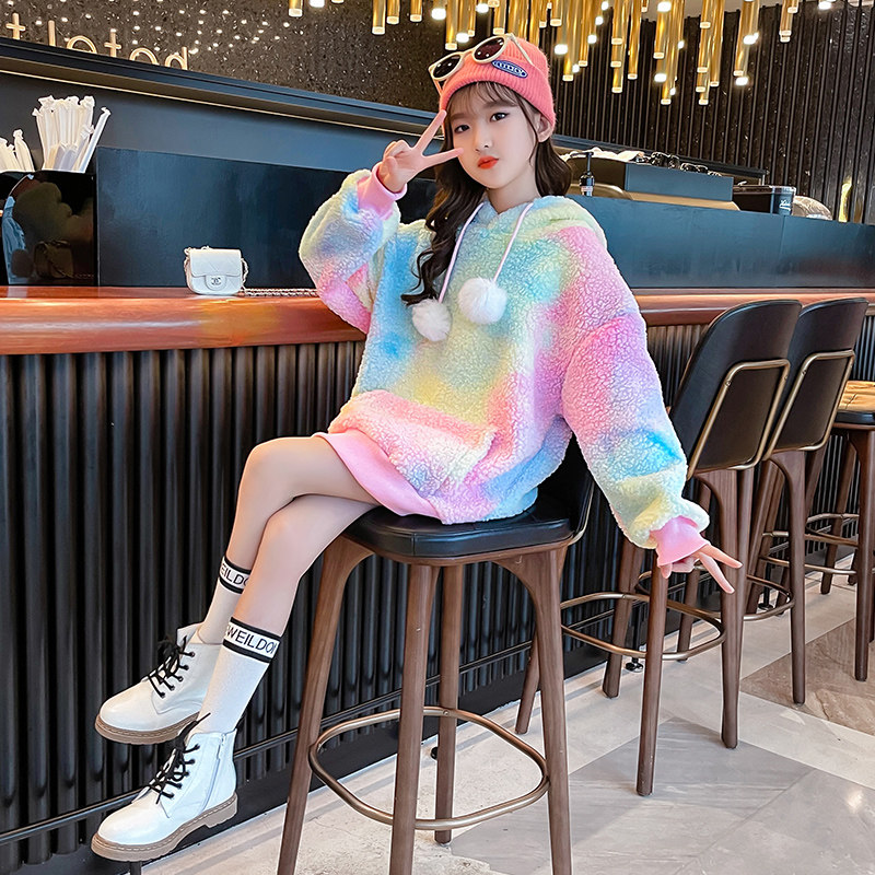 Girls' autumn and winter net red sweater 2021 new style plus velvet thick cotton T big children's colorful one-piece velvet top