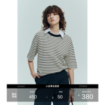 Ayuko｜High-quality imported Japanese paper yarn｜Clean fit round neck contrasting color light spring and summer striped sweater