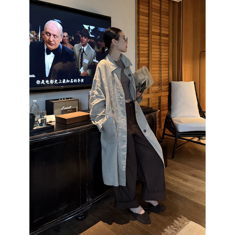 【Porto Light Evening】Ayuko French 100% Linen Material Simple Luxury Lapel Loose Long Trench Coat Jacket