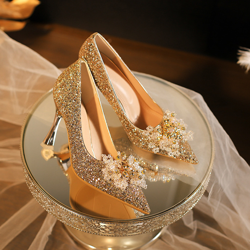 French-Style Sparkling Large-Size Wedding Shoes, Xiuhe Wedding Dress Crystal Bridal Shoes, Beaded, Elegant, High-End Feel, Widened High Heels French-Style Sparkling Large-Size Wedding Shoes, Xiuhe Wedding Dress Crystal Bridal Shoes, Beaded, Elegant, High-End Feel, Widened High Heels