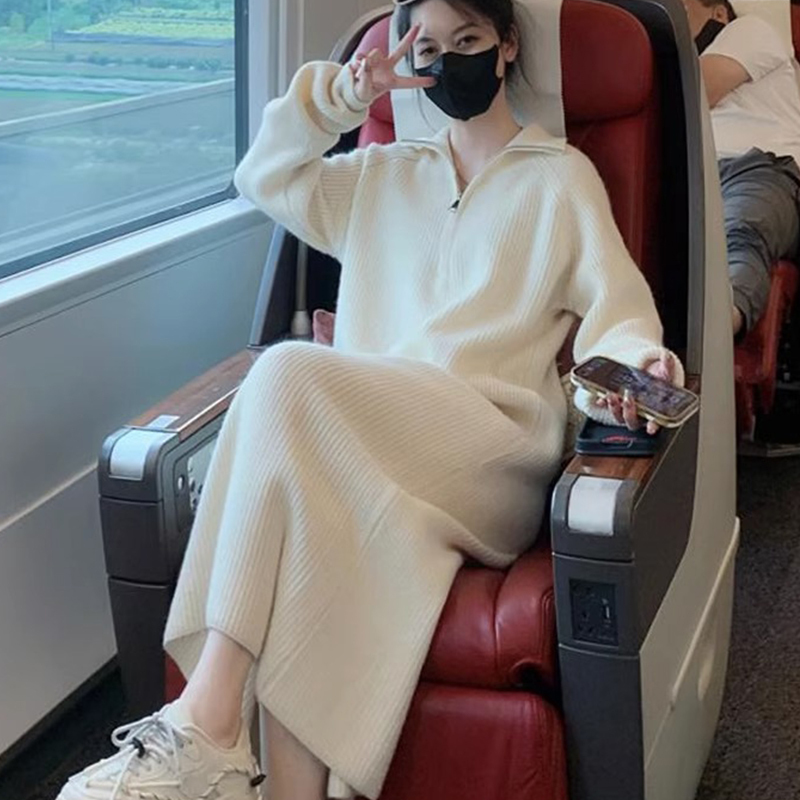 Original Dress for Women, New Autumn and Winter Thick Korean Style, Loose and Lazy Style, Stylish Zipper Long Knit Dress for Layering or Wearing Alone