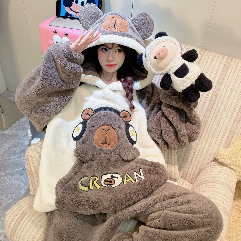 Coral Velvet Pajamas for Women in Autumn and Winter, Fleece-Lined and Thickened, Long Plush, Cute Cartoon, Plus Size Loungewear Set Coral Velvet Pajamas for Women in Autumn and Winter, Fleece-Lined and Thickened, Long Plush, Cute Cartoon, Plus Size Loungewear Set