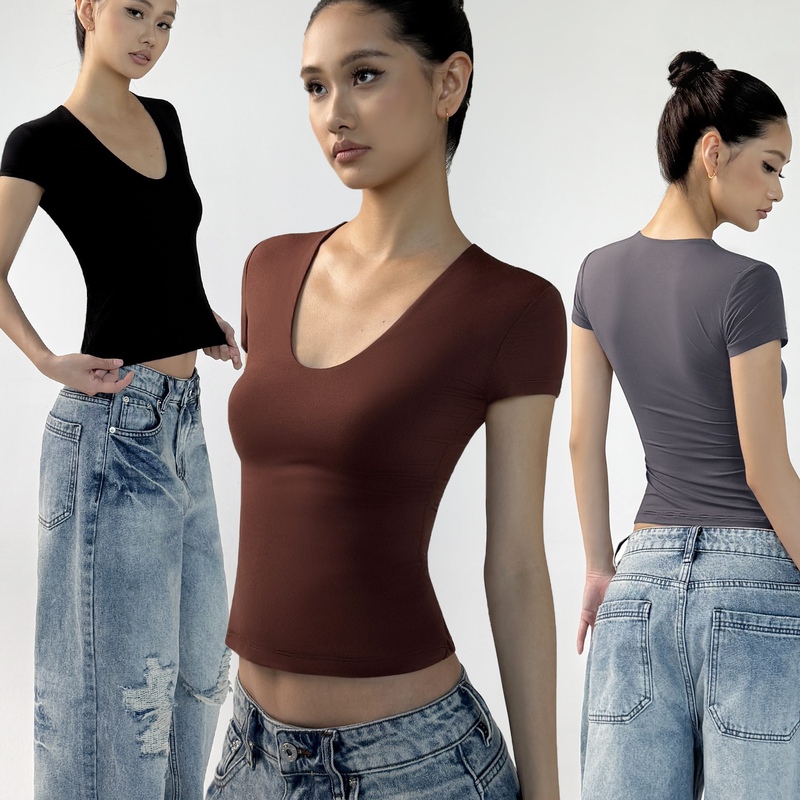 Audwyn Zero-Pressure Body Shaping Kim* Same Fabric U-Neck Regular Shoulder Short-Sleeve T-Shirt for Women High-Elastic Base Shirt Top Audwyn Zero-Pressure Body Shaping Kim* Same Fabric U-Neck Regular Shoulder Short-Sleeve T-Shirt for Women High-Elastic Base Shirt Top