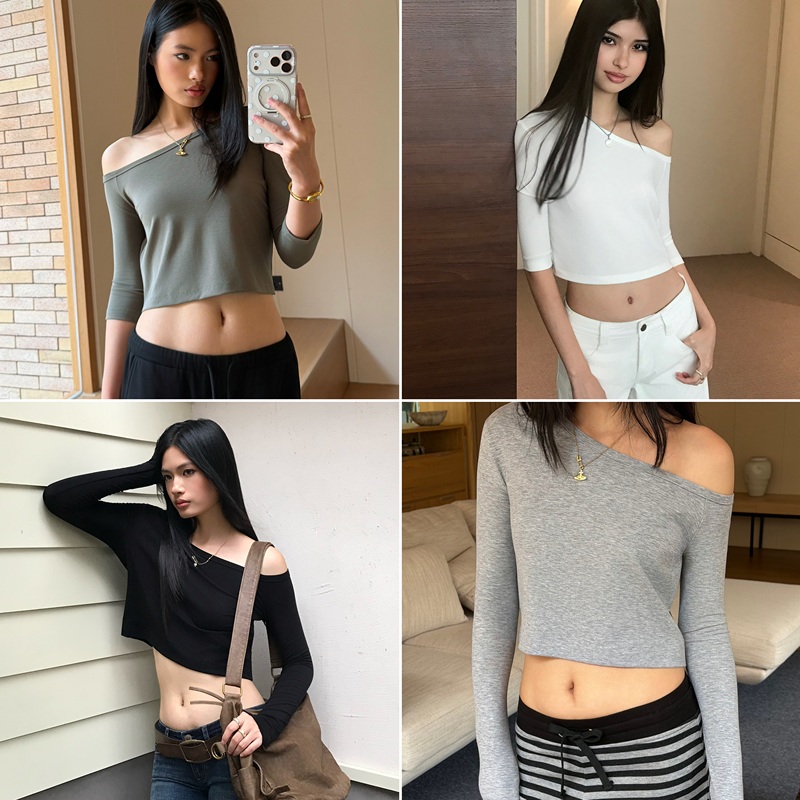 Audwyn Short Off-Shoulder Blouse, Thin and Slightly See-Through, Air-Conditioning Sun Protection Shirt, Mid-Sleeve, Waist-Revealing, Can Be Layered with a Camisole, Outerwear for a Trendy Look