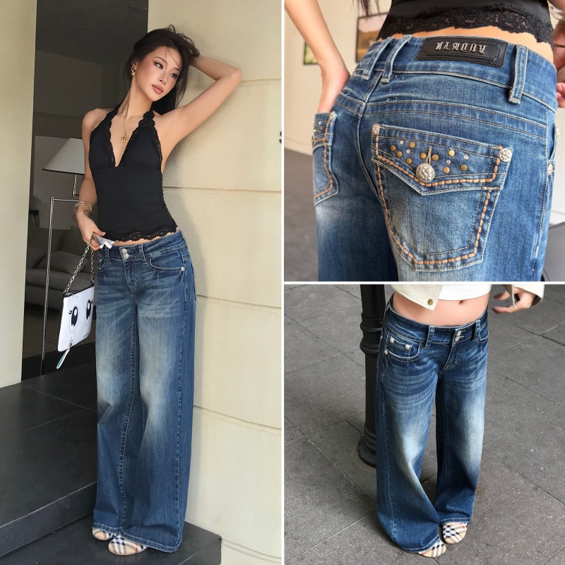 Audwyn Washed Vintage Low-Waist Jeans for Women, Early Spring New Design with Rivets, Straight-Leg Slimming Retro Long Pants