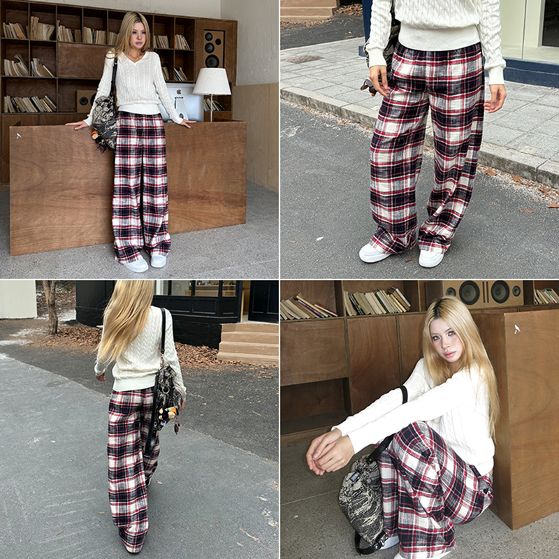 Audwyn Plaid Trousers, Low-Waisted, Retro, New Autumn and Winter Style, Relaxed Fit, Brushed Cotton, Home Casual Floor-Length Pants Audwyn Plaid Trousers, Low-Waisted, Retro, New Autumn and Winter Style, Relaxed Fit, Brushed Cotton, Home Casual Floor-Length Pants