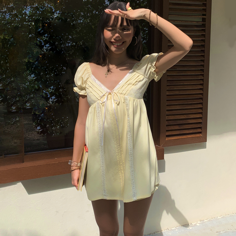 Audwyn Doll Collar Dress for Women, A-Line Puff Sleeve Top, Loose Short Skirt, Flower Bud Safety Shorts Two-Piece Set