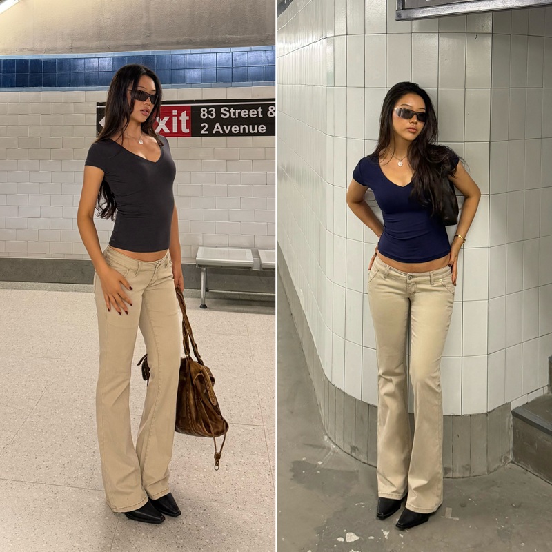 Audwyn/Retro Low-Rise Style/Mildly Flared Jeans for Women/Matte Sand Wash Vintage Slim-Fit Pants