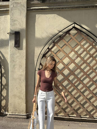 Audwyn Zero-Pressure Body Shaping Kim* Same Fabric U-Neck Regular Shoulder Short-Sleeve T-Shirt for Women High-Elastic Base Shirt Top