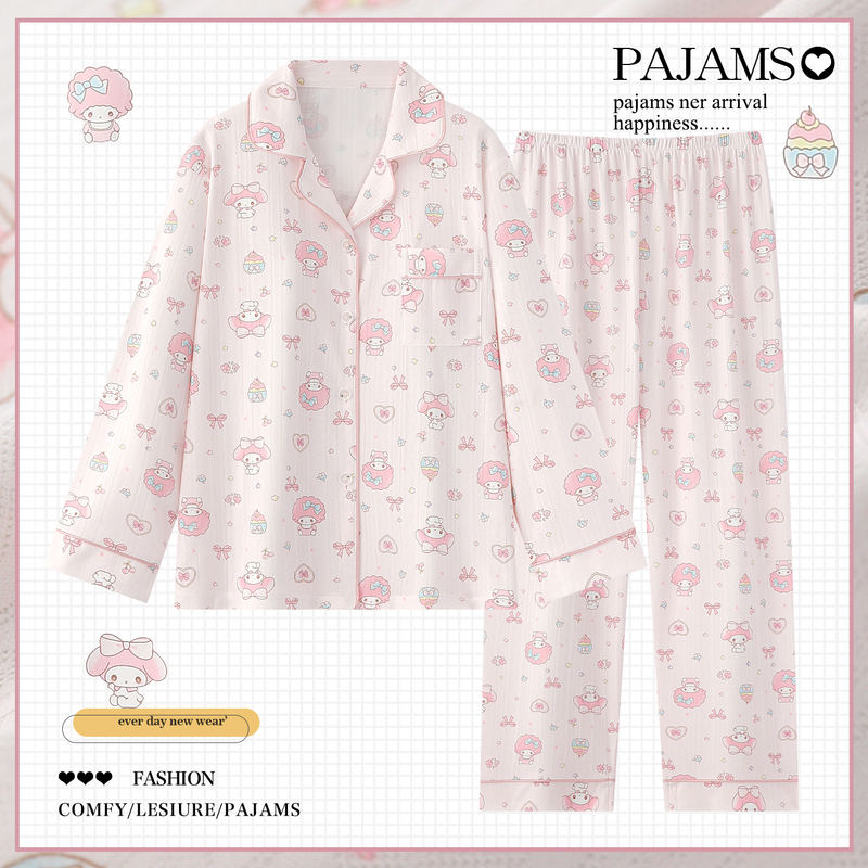Pink Lamb Pajamas for Women, Spring and Autumn, Pure Cotton, Thin, Long-Sleeved, Two-Piece Set, Japanese Cartoon Style Home Wear Set Pink Lamb Pajamas for Women, Spring and Autumn, Pure Cotton, Thin, Long-Sleeved, Two-Piece Set, Japanese Cartoon Style Home Wear Set