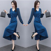 High-end acetate satin finish dress with dress 2022 spring and summer new large code display slim senior sense temperamental long style dress