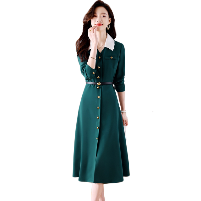 High-end dress women's 2023 spring new goddess style waist waist mid-length over-the-knee long-sleeved shirt skirt