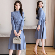 Shirt dress female long blue waist slim 2021 spring and autumn small man long sleeve knee bottom skirt