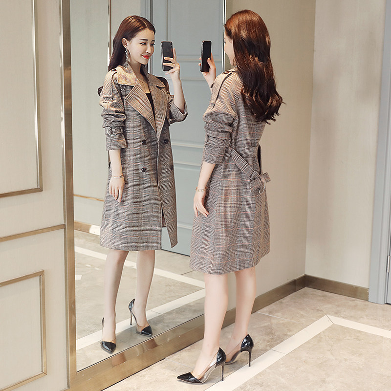 Plaid windsuit woman medium long version 2022 spring autumn new Korean version relaxed temperament 100 hitch Inn wind pop jacket tide