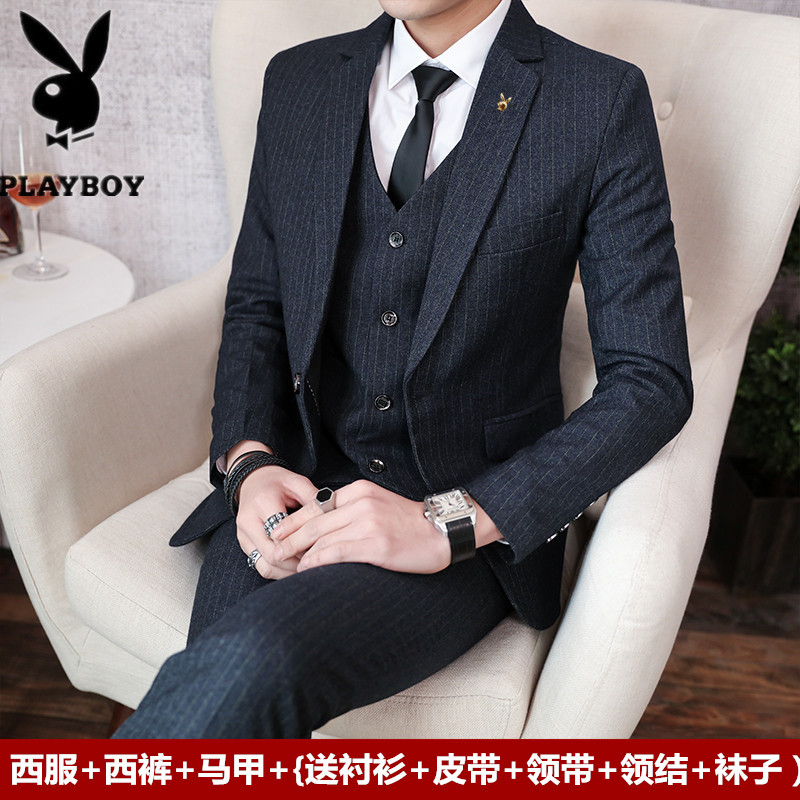 Playboy phù hợp với nam giới phù hợp với ba mảnh bộ quần áo ở Hàn Quốc phiên bản của chiếc váy cưới phù hợp với xu hướng ăn mặc giản dị của chú rể