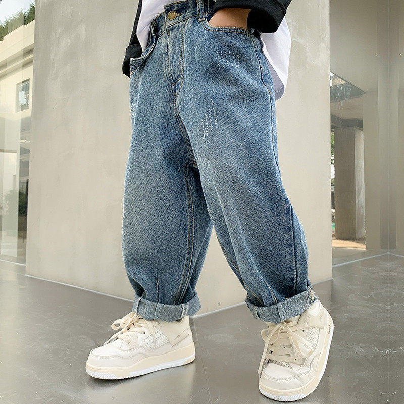 Boy jeans Spring autumn style CUHK Scout Fall long pants Han version loose straight cylinder handsome Qi Tide Card Children Pants