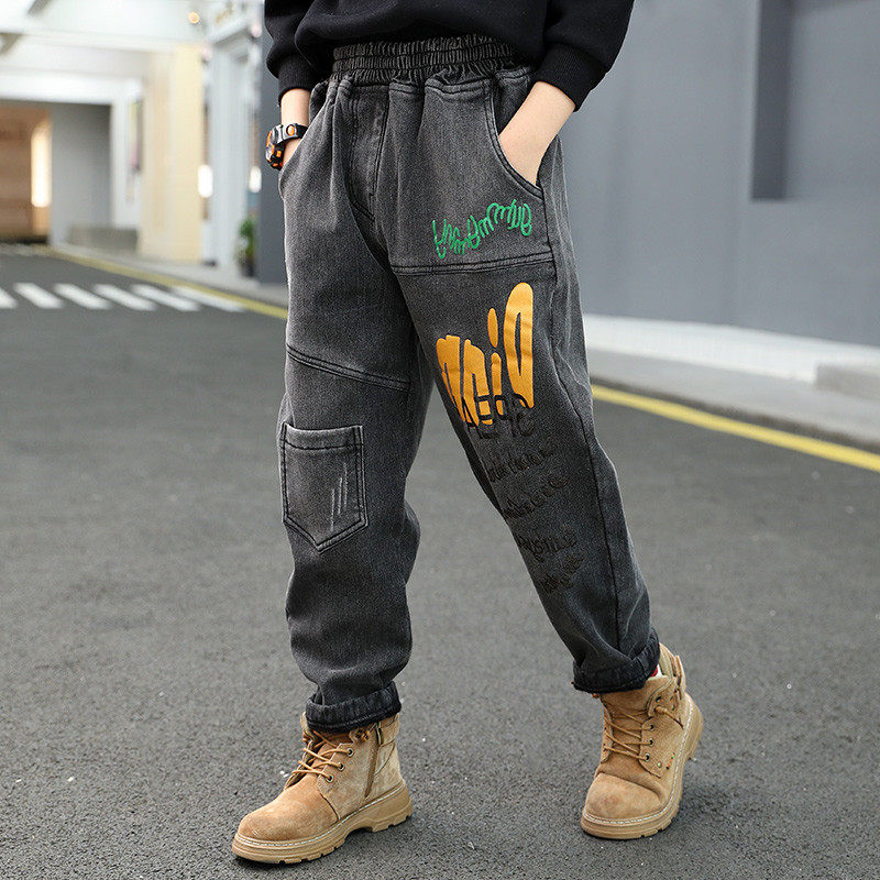 Boys' pants Autumn/Winter Plus Velvet Thickened 2021 New Medium-Sized Boy Trousers Integrated Velvet Tide Kids Jeans