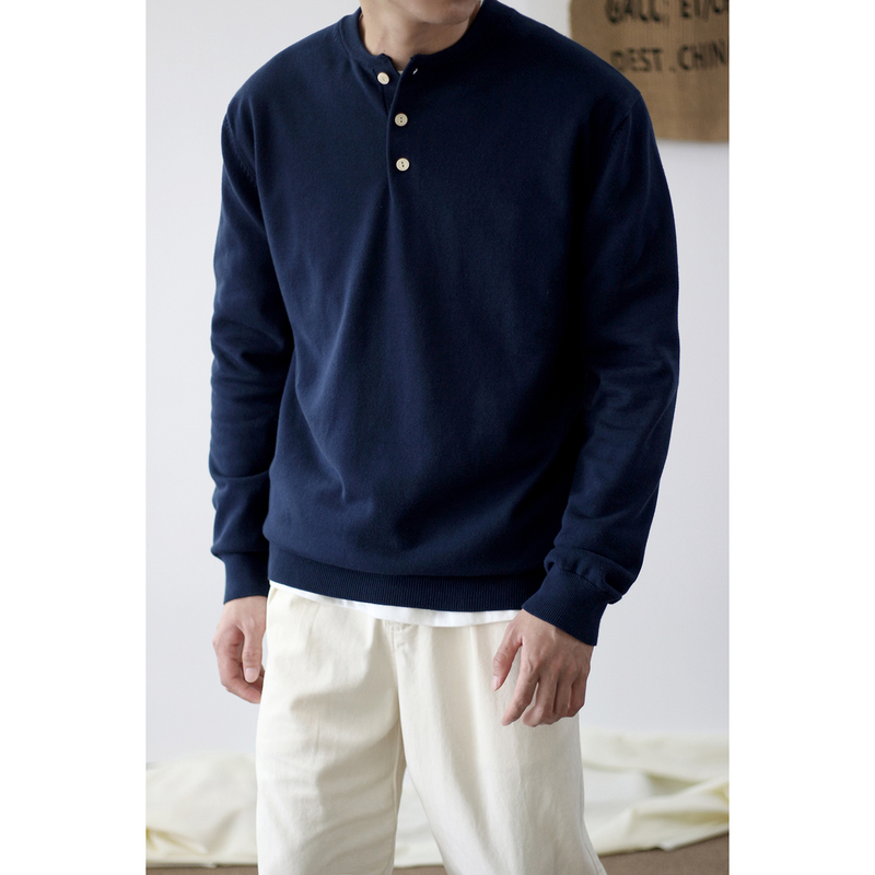 American Casual Pure Cotton Henley Collar Knitwear Long-Sleeve T-Shirt Men's Retro Simple Solid Color Sweater Base Layer for Spring and Autumn