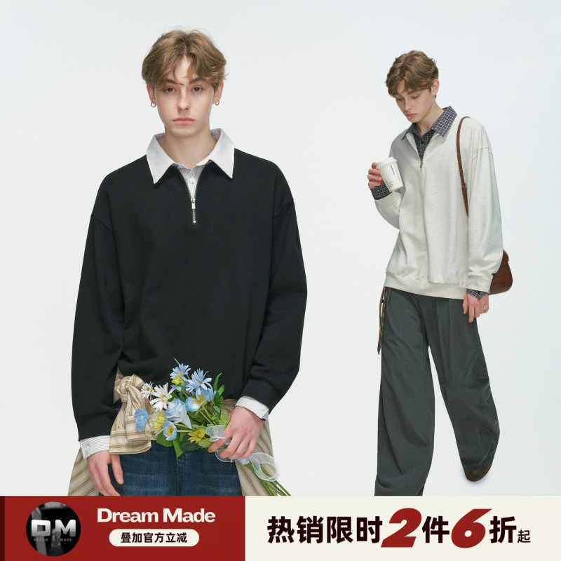 Dream Made American Style Fake Two-Piece Shirt Collar Polo Shirt Sweatshirt Men's Spring and Autumn Half-Zip Inner Layer Top