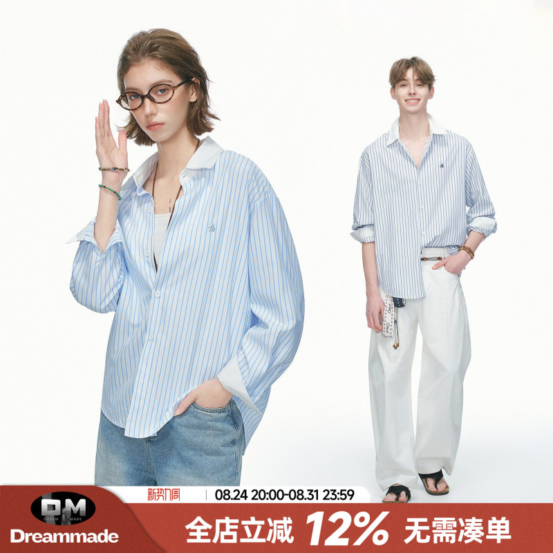 Dream Made Blue Striped Long-Sleeved Shirt for Men and Women, Autumn Casual Work Clothing, Couple's Inner Wear Embroidered Shirt
