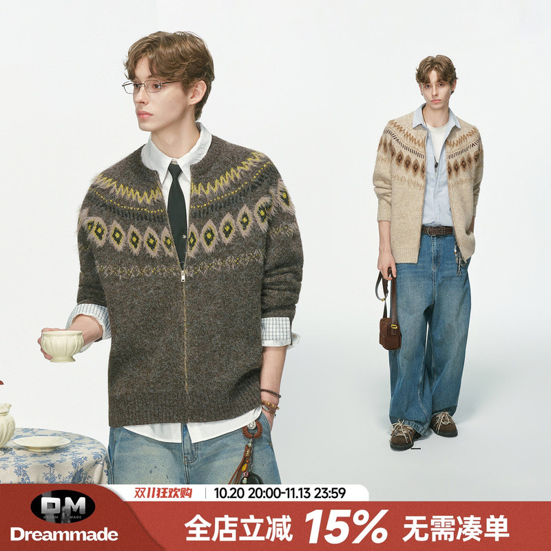 Dream Made Fair Isle Wool Cardigan Sweater for Men, Autumn and Winter Old Money Style Couple Knitwear Jacket