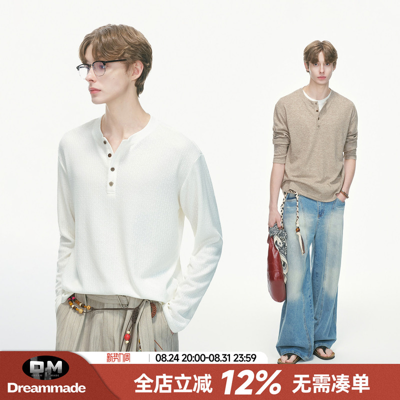 Dream Made Old Money Style Henry Collar Textured Knit Long-Sleeve T-Shirt for Men, Autumn Base Layer Top