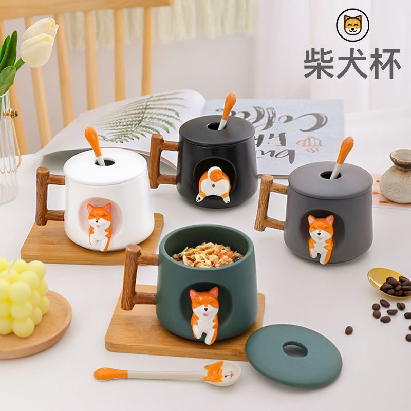 Shiba Inu Ceramic Mug with Lid and Spoon, Cute Puppy Office Water Cup, Home Breakfast Milk Coffee Cup Shiba Inu Ceramic Mug with Lid and Spoon, Cute Puppy Office Water Cup, Home Breakfast Milk Coffee Cup