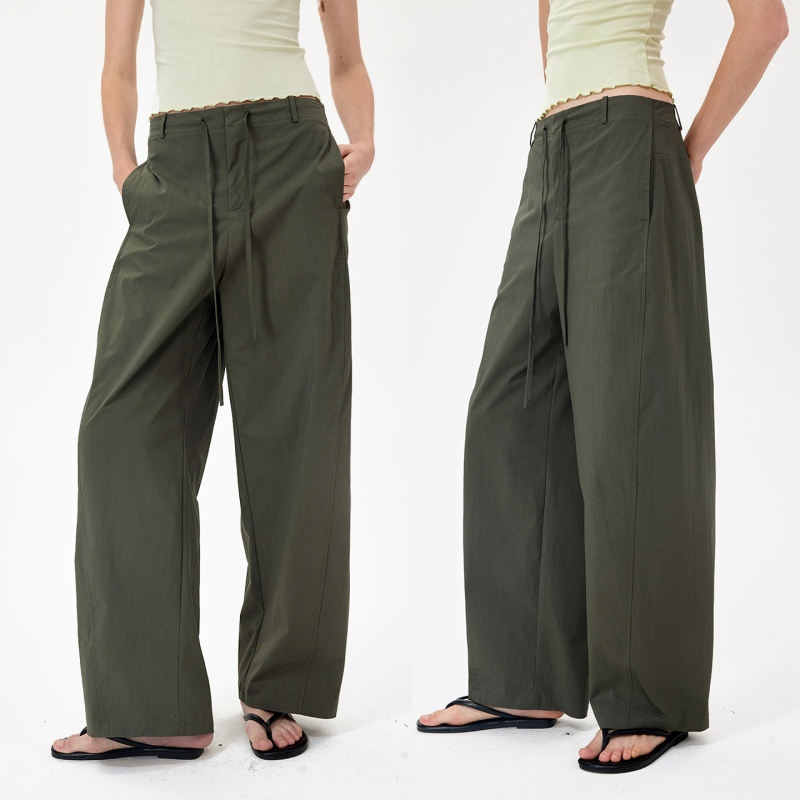 Monroo Army Green Straight-Leg Mid-Low Waist Drawstring Loose Casual Pants for Women Summer Split Scimitar Curved Pants Monroo Army Green Straight-Leg Mid-Low Waist Drawstring Loose Casual Pants for Women Summer Split Scimitar Curved Pants