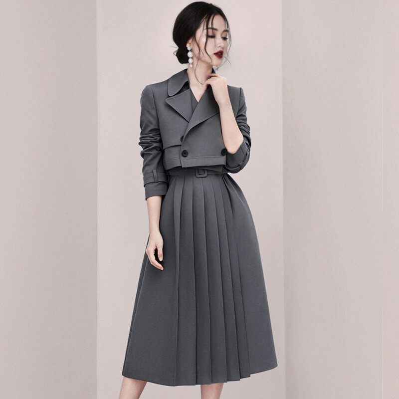 High-end celebrity suit skirt women's 2022 autumn and winter new Korean version fashion western style gray suit pleated skirt two-piece set