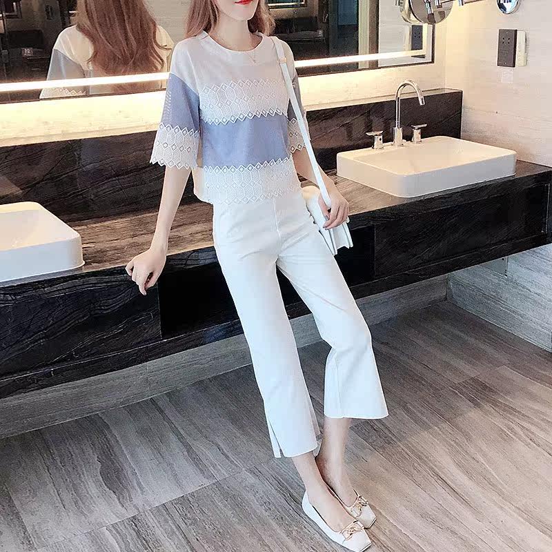 Temperament age-reducing slim wide-leg pants suit women 2022 summer new Korean style fashion lace splicing top two-piece set