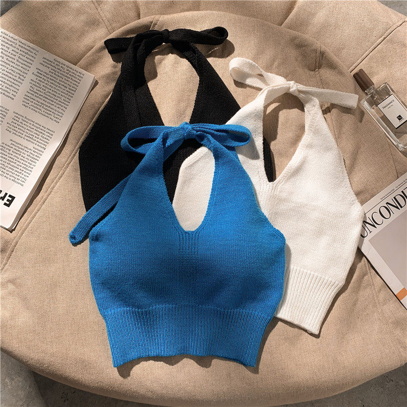 Design sense hanging neck beauty back knit harness female 2022 Summer new Korean version 100 lap sexy short outside wearing vest