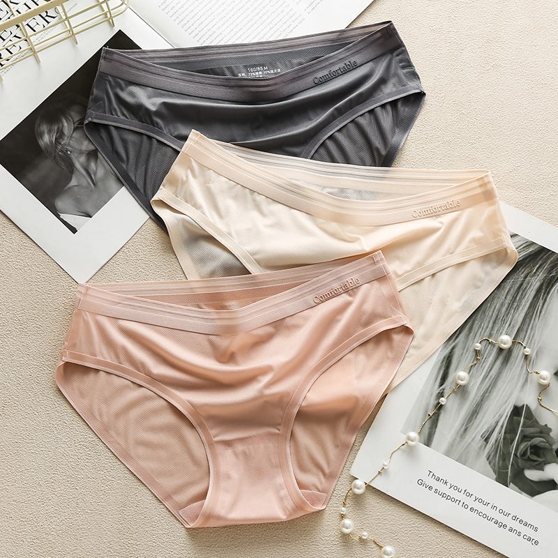 2022 new Japanese breathable cotton crotch mid-waist triangle safety pants women's ultra-thin ice silk seamless underwear 3 packs