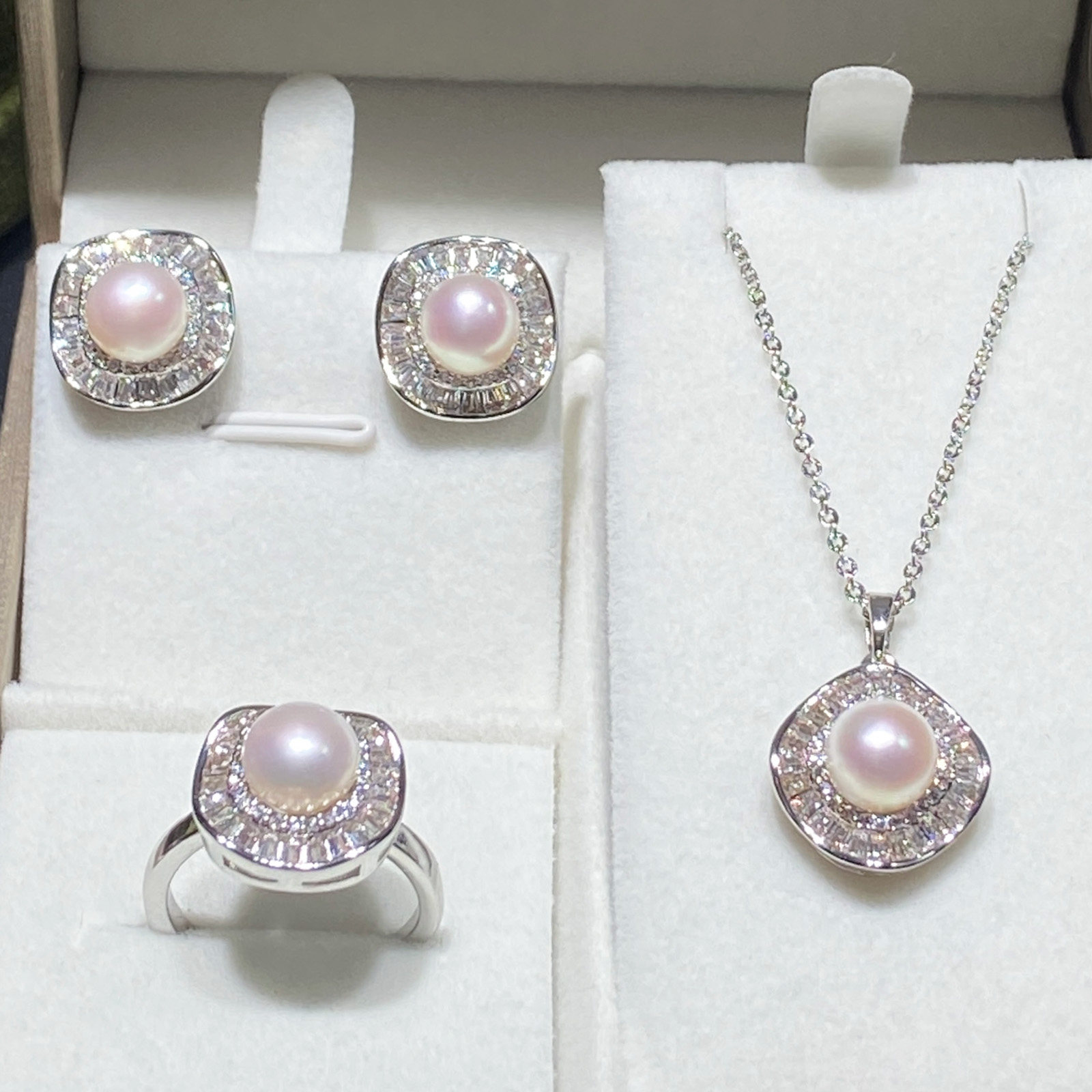 Zhejiang Zhuji Natural Freshwater True Pearl Set Women's Micropaved Zircon Earrings Ring Pendant Light Luxurious and High-end