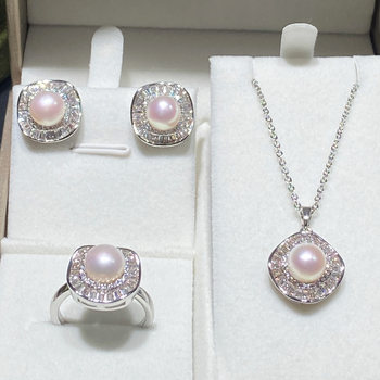 Zhejiang zhuji natural freshwater true pearl set women's micropaved zircon earrings ring pendant light luxurious and high-end