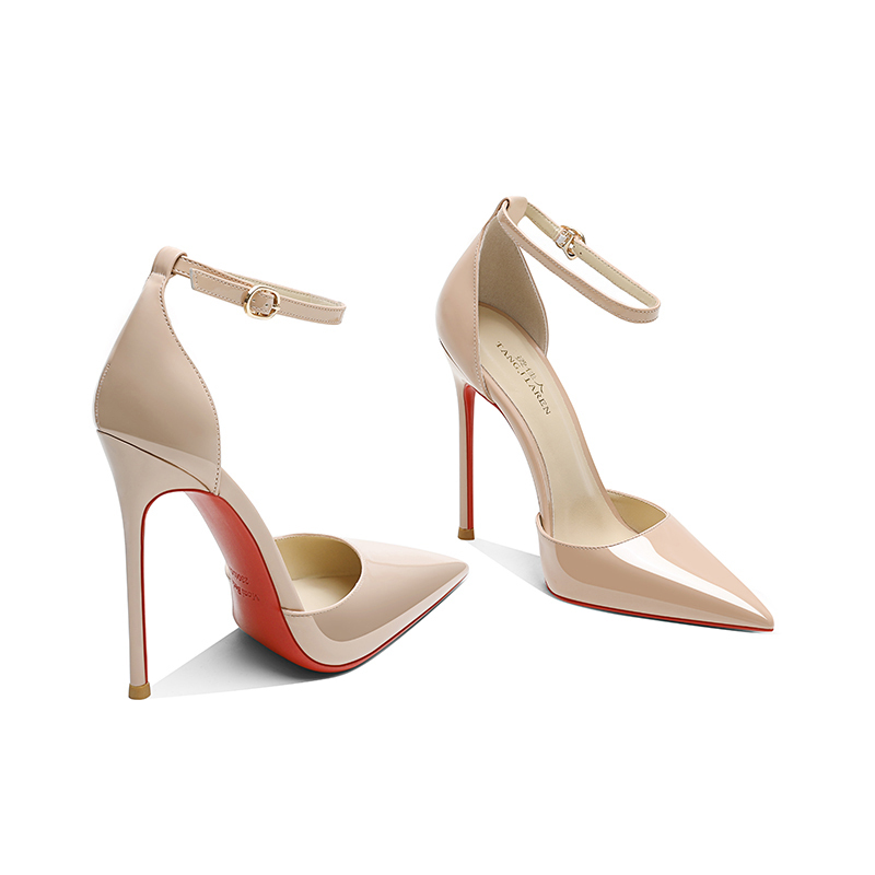 Nude High-Heeled Shoes for Women with Thin Heels, 2025 Spring and Autumn New Style, Sexy One-Strap Fashion Pointed Toe Hollow Red Sole Pumps