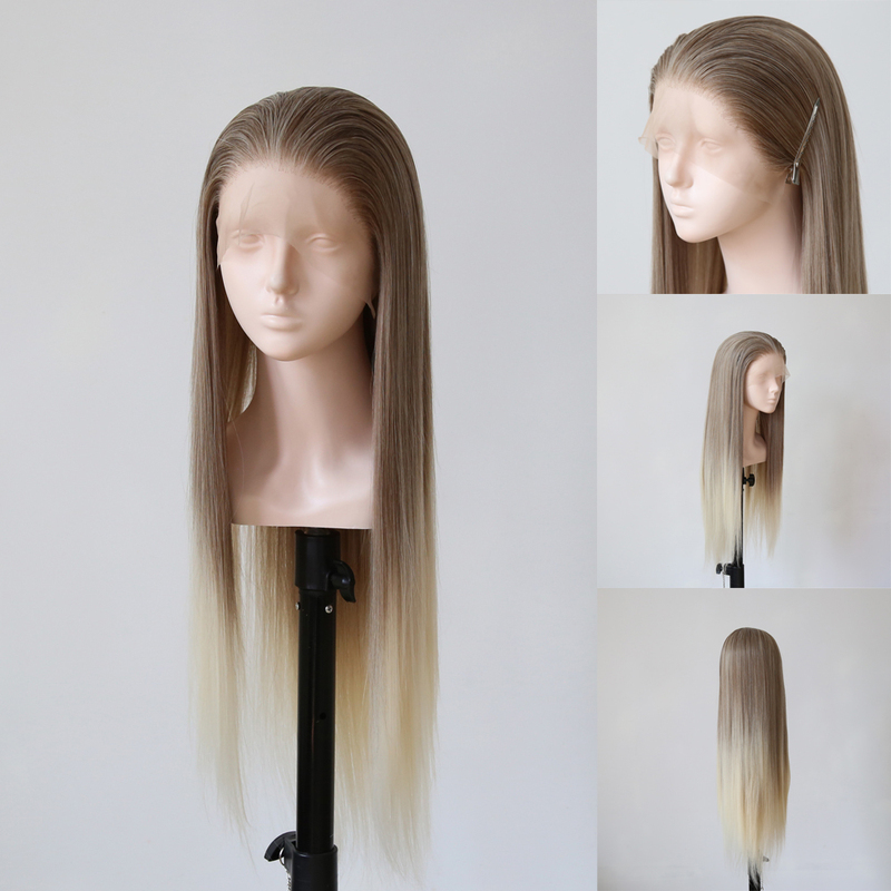 Lace Front Hand-Crocheted Wig, Parisian Ombre Dyed Gradient Brown to Gradient Gold, Natural Realistic High-Temperature Fiber Full Wig Lace Front Hand-Crocheted Wig, Parisian Ombre Dyed Gradient Brown to Gradient Gold, Natural Realistic High-Temperature Fiber Full Wig