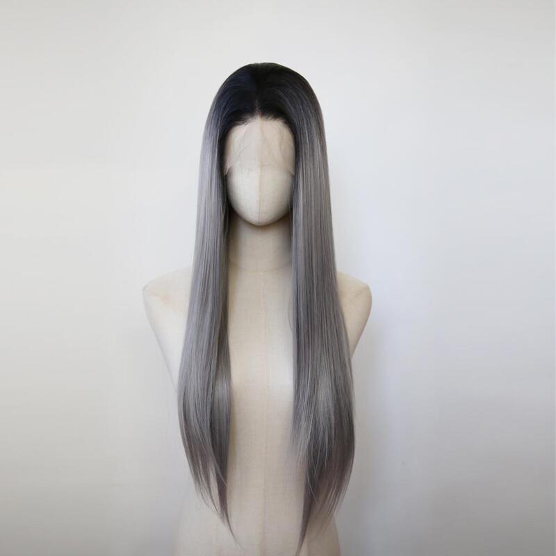 Lace Front Hand-Crocheted Wig, Black and Gray Gradient Wig, Natural European and American Style, Suitable for Daily Wear, with a Free Parting