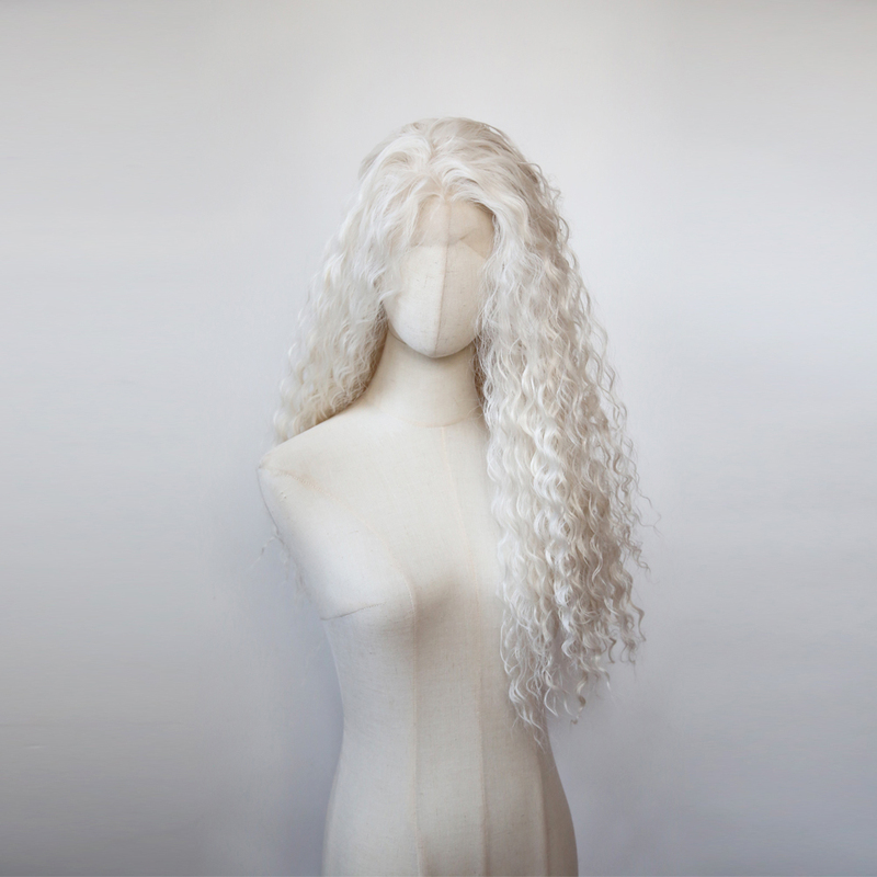 Lace Front Hand-Crocheted Wig, Wool Curls, Platinum-Colored Synthetic Fiber, High-Temperature Silk, Milk Gold Wool Hand-Crocheted Wig Set