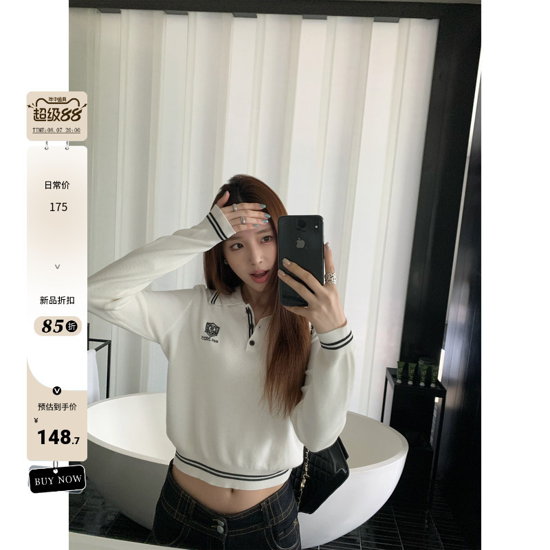Yuziqi California Polo White Polo Collar Knit Sweater for Women, Autumn Color-Blocking, Waist-Cinching, Regular Shoulder, Thin Sweater Yuziqi California Polo White Polo Collar Knit Sweater for Women, Autumn Color-Blocking, Waist-Cinching, Regular Shoulder, Thin Sweater