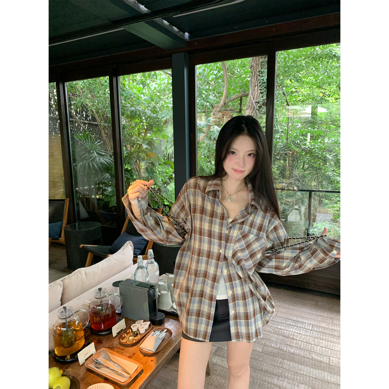 Yuziqi Olive Branch Letterhead Coffee-Colored Plaid Shirt Women's Vintage Plaid Loose Long-Sleeve Top Shirt Jacket Yuziqi Olive Branch Letterhead Coffee-Colored Plaid Shirt Women's Vintage Plaid Loose Long-Sleeve Top Shirt Jacket