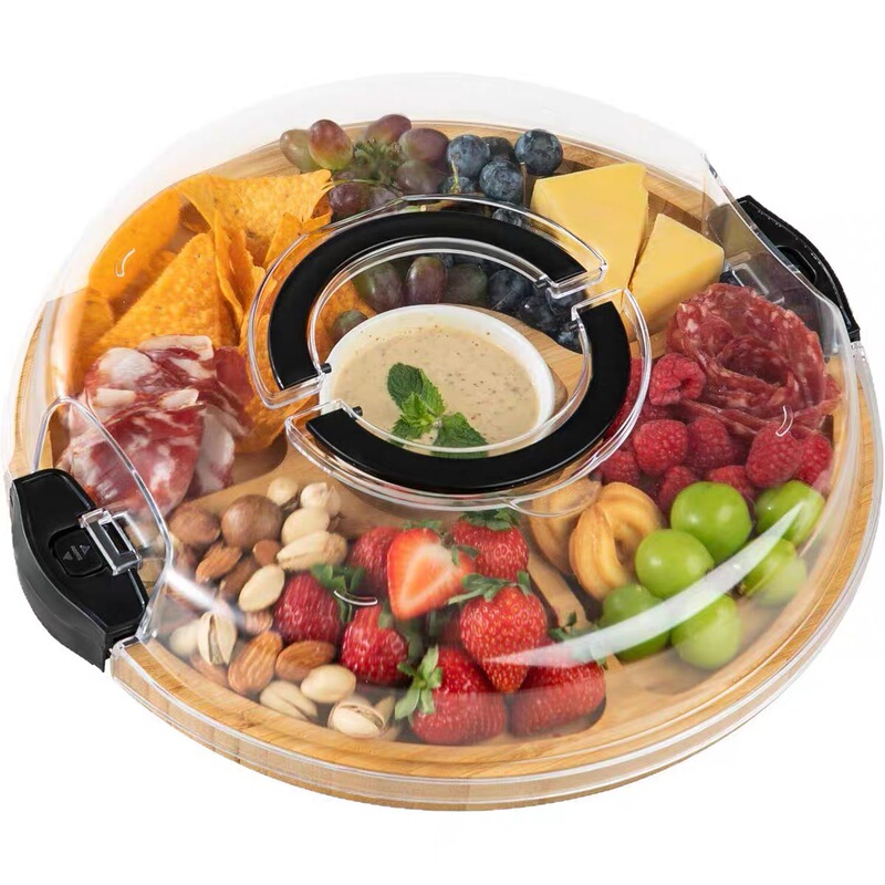 Fruit Snacks and Dried Fruit Storage Box for Camping, Outdoor Picnics, Display Lid, Fresh-Keeping Box, Round and Rectangular Wooden Tray