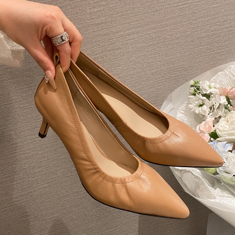 Soft Leather Elastic High Heels That Don'T Slip Off, Pointed Toe Stiletto Shoes, Commuting, Long Standing, Genuine Leather Work Shoes for Women