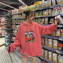 Europaise red tide 2020 new loose Korean version Lianhood with long cartoon printed ins superfiery weaver